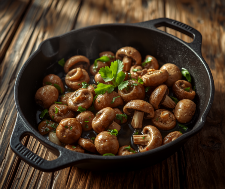 Setas y champiñones salteados aptos para la dieta keto en una sartén