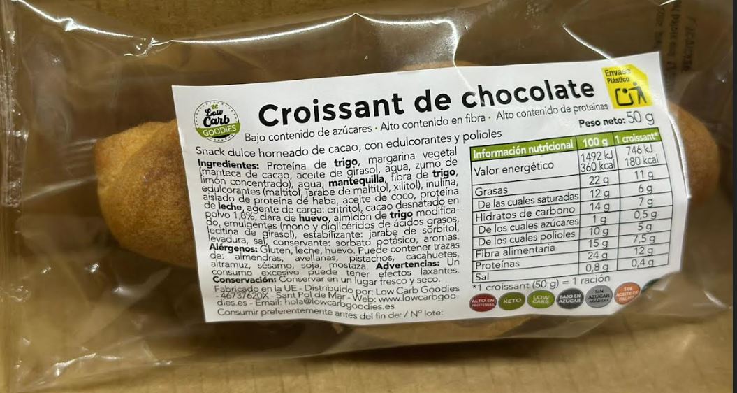 Croissant Proteico e Keto Recheado com Chocolate. 50g. Apenas 2 hidratos de carbono líquidos. Delícias Low Carb