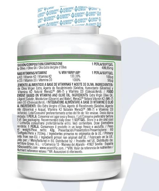 Vitamina D3 (2000UI) + 100 mcg de K2. 60 perlas