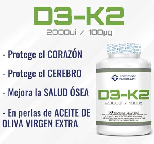 Vitamina D3 (2000UI) + 100 mcg de K2. 60 perlas