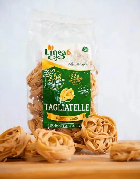 Keto noodles, traditional Italian flavor, high in protein, and only 2.5 carbs per 100g. Line 6
