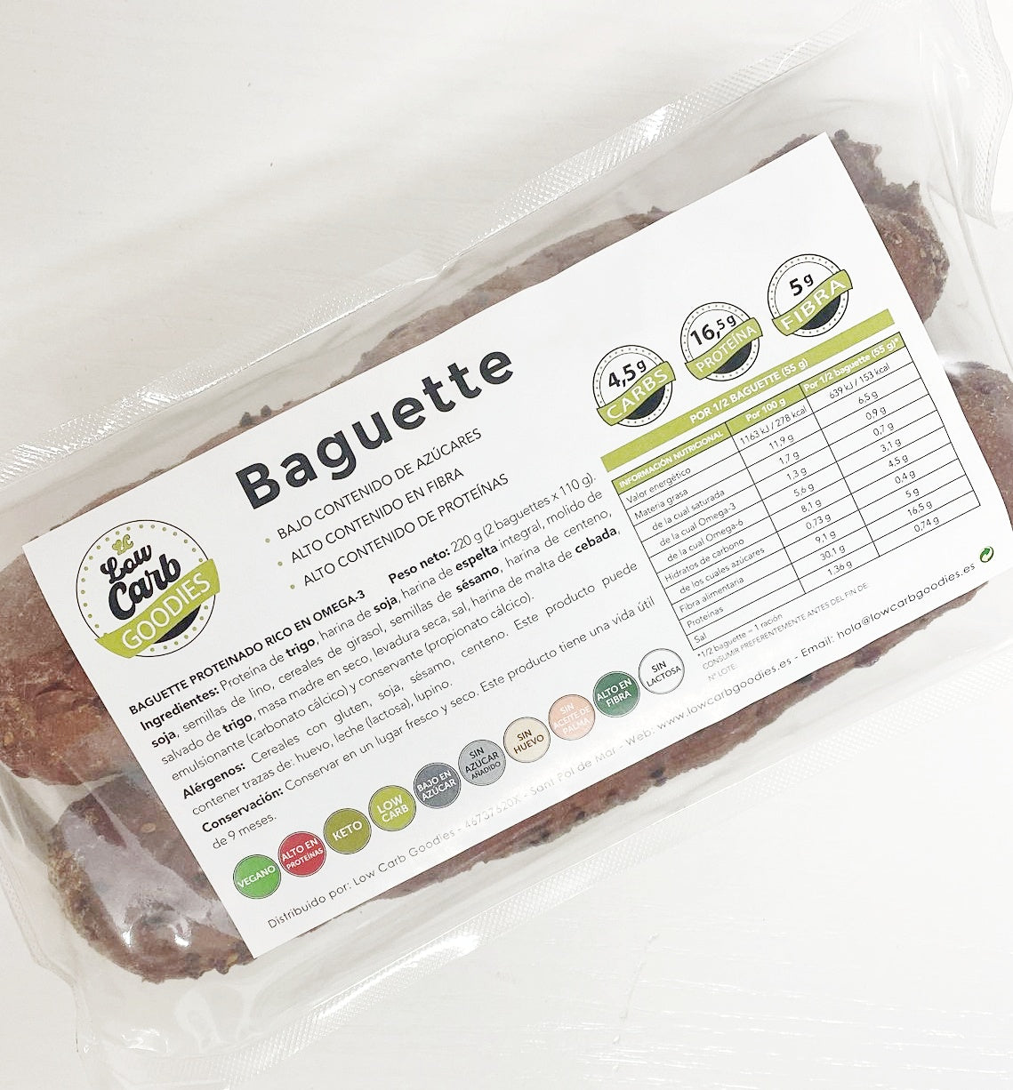 Pack of 2 keto baguettes, high in protein and fiber. 220 g. Low Carb Goodies