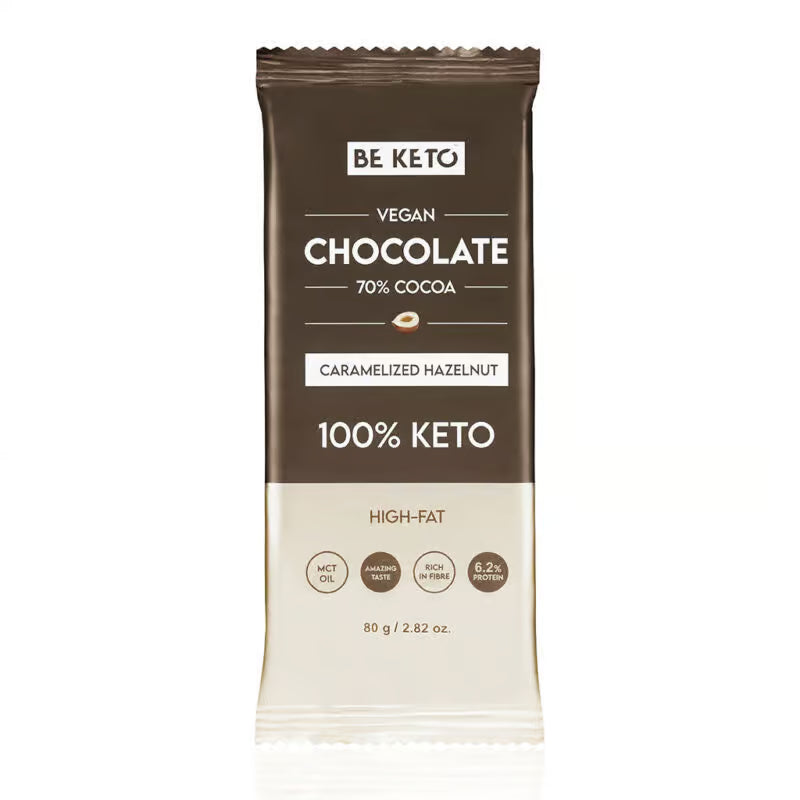 Chocolate Keto Vegano con Aceite MCT y Avellana Caramelizada – 80 g. Be keto