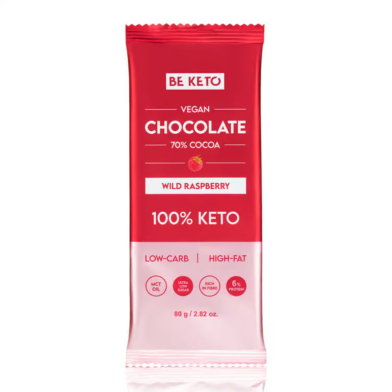 Chocolate Keto Vegano con Aceite MCT y Frambuesa Silvestre – 80 g. Be keto