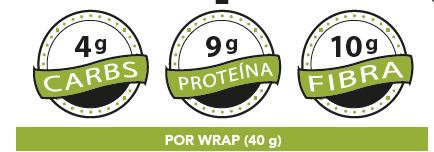 Wraps cetogénicos, ricos em proteína. 4 g de hidratos de carbono/cada. Embalagem com 6 wraps. Delícias com baixo teor de hidratos de carbono.