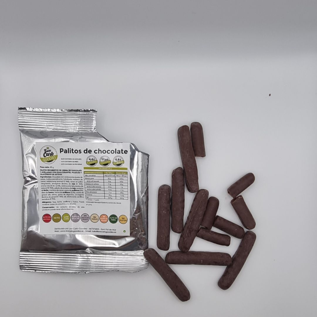 Palitos de chocolate keto, sin gluten, altos en proteinas. Low Carb Goodies