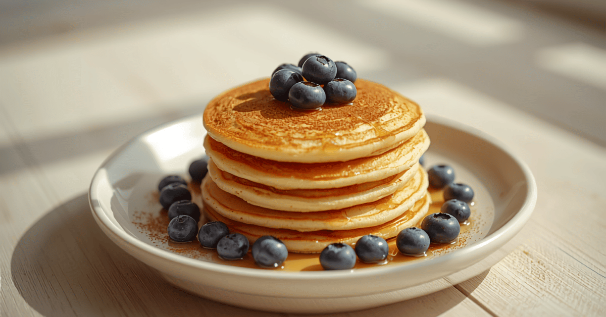 Tortitas keto apiladas con harina de almendra y arándanos frescos, receta de desayuno cetogénico sin azúcar