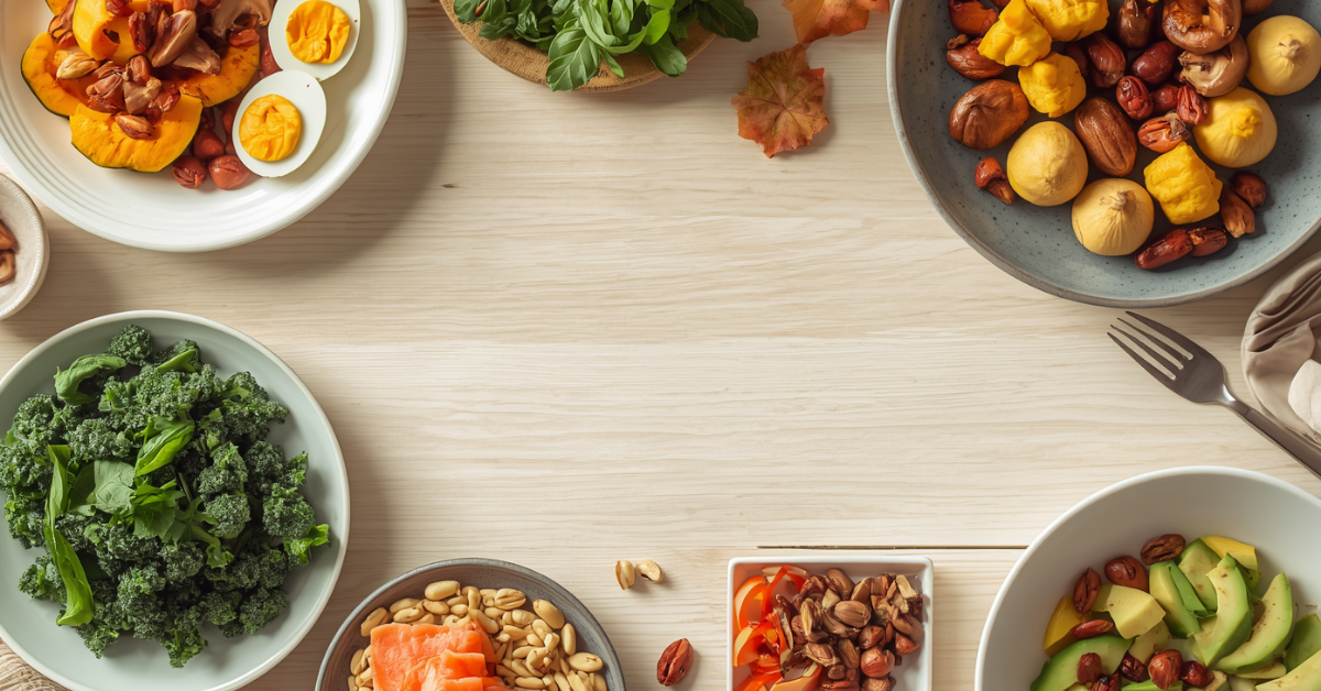 Menú keto semanal de septiembre con productos de temporada sobre mesa de madera