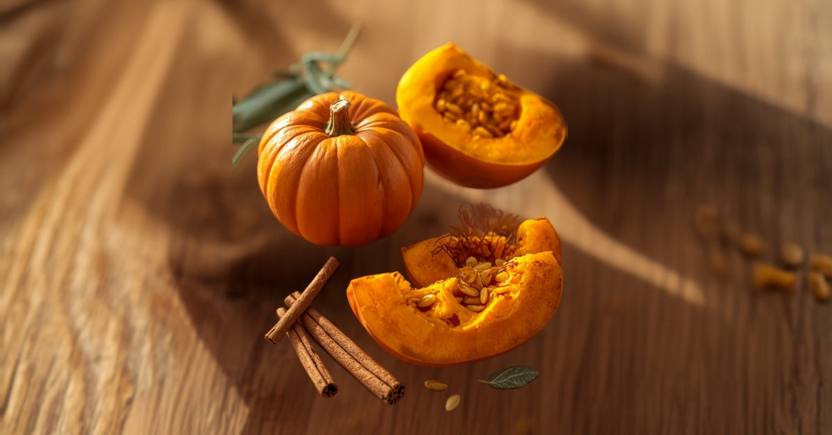 Calabaza en la dieta keto: calabaza entera y cortada con canela sobre mesa de madera