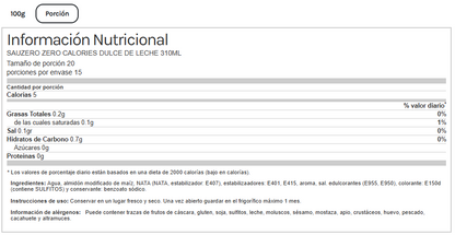 Salsa Dulce De Leche Sauzero Zero Calories 310ml. Life Pro