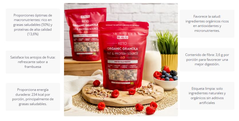 Granola Keto Orgánica.  Frambuesa Fresca 250 g. Be keto