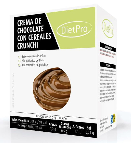 Crema de chocolate con cereales crunchy. Lista para preparar. 5 sobres. 127,5 gr. Diet Pro