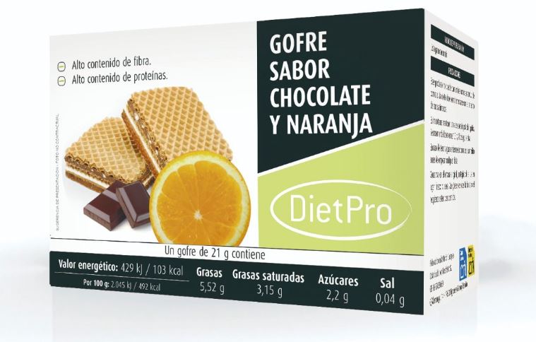 Gofre sabor chocolate y naranja. 168 gr. Diet Pro