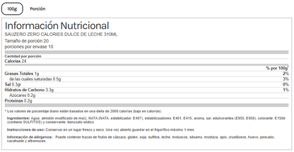 Salsa Dulce De Leche Sauzero Zero Calories 310ml. Life Pro