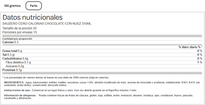 Sirope de Chocolate con avellanas.  Sauzero Zero Calorías 310 ml. Life Pro.