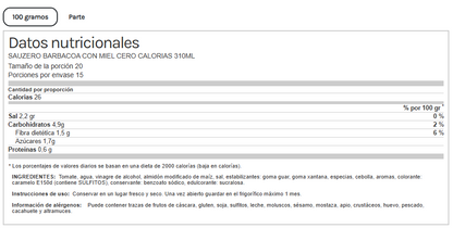 Salsa Barbacoa con Miel Sauzero. Zero Calorías 310ml. Life Pro