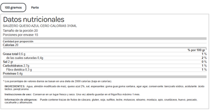 Salsa de Queso azul Sauzero Zero Calorías 310 ml. Life Pro