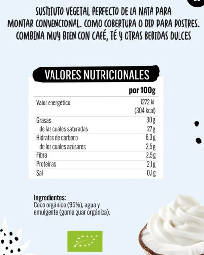 Nata de Coco para Montar. Coco Orgánico. Keto, sin gluten ni lactosa 400 ml