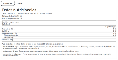 Sirope de Chocolate con avellanas.  Sauzero Zero Calorías 310 ml. Life Pro.