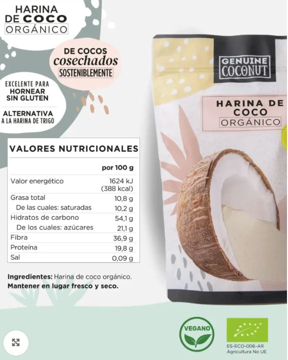 Harina de Coco orgánico. 400gr. Genuine Coconut