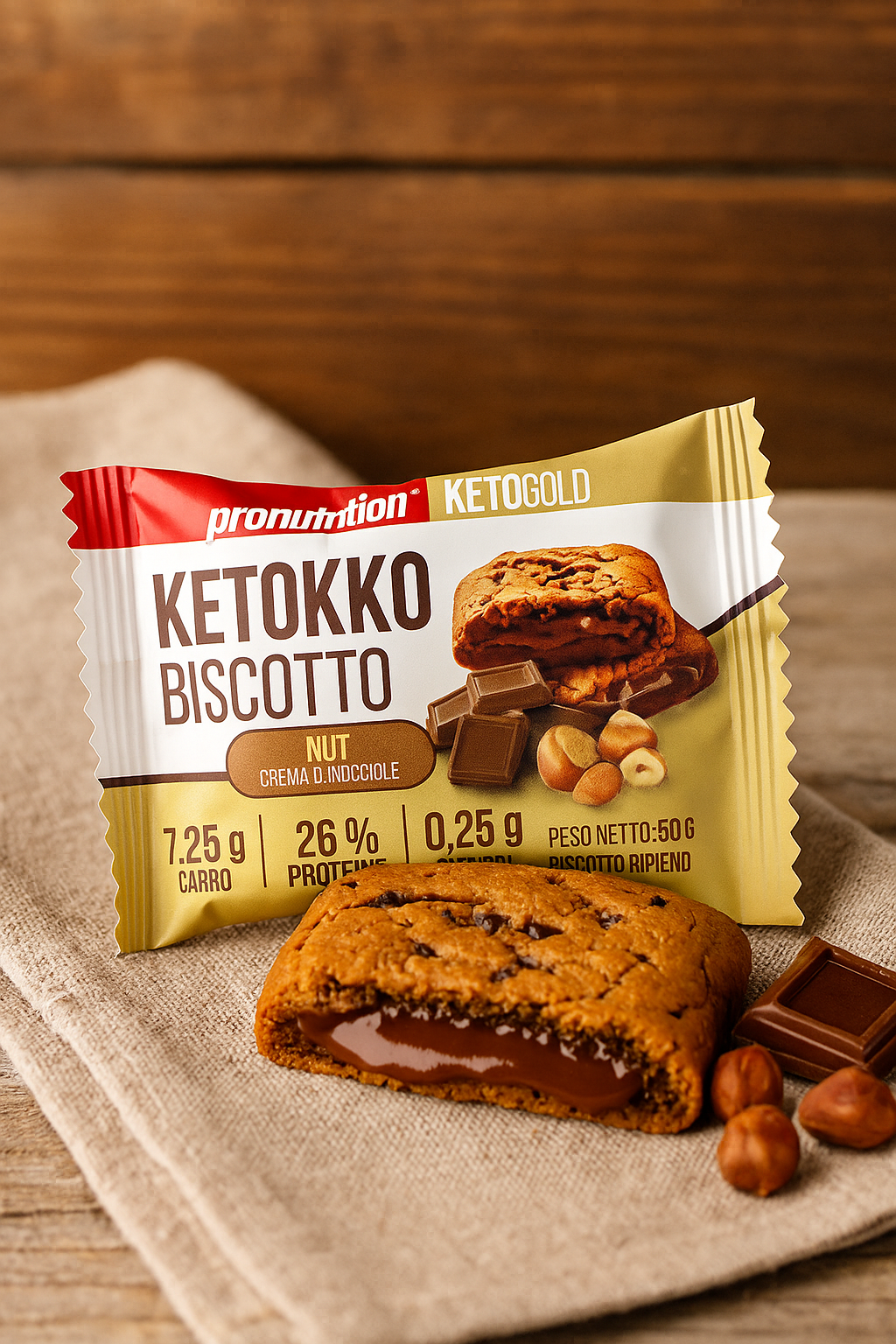 Galleta de mantequilla keto rellena de crema de  chocolate y avellanas. 50 gr. Pronutrition