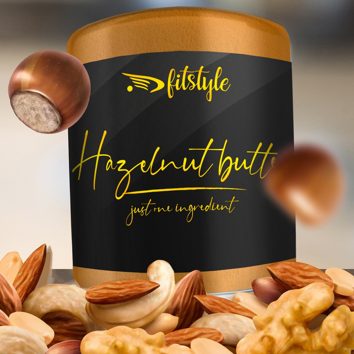 Bote de crema de avellanas keto 100% natural Fitstyle de 300 g, formato Upside Down
