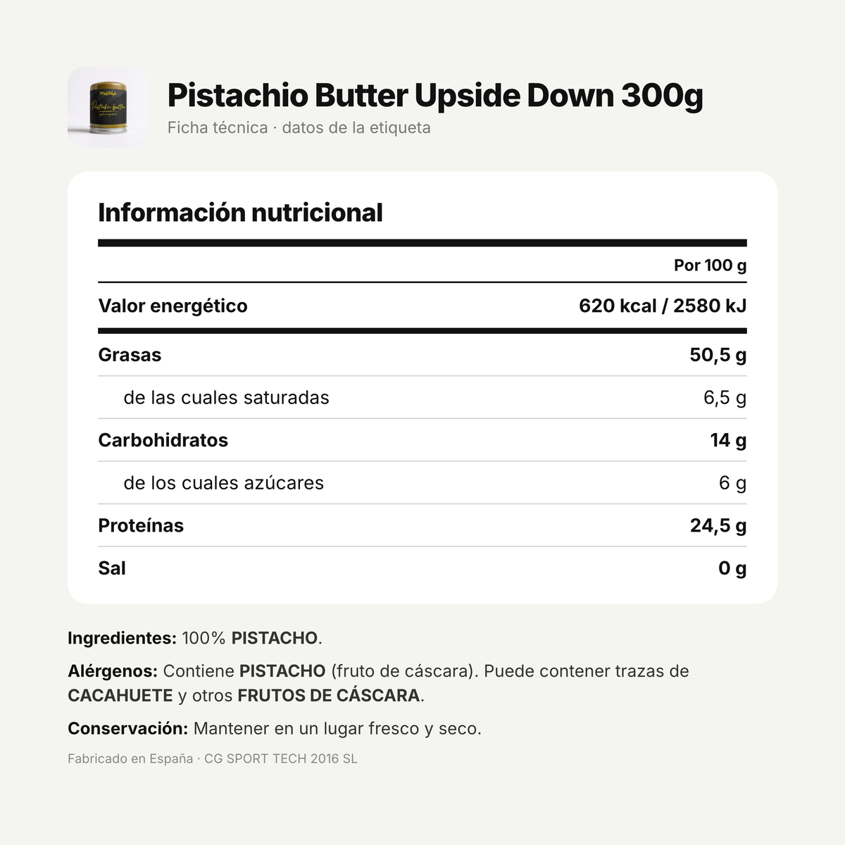 Ficha técnica de la crema de pistacho 100% Upside Down