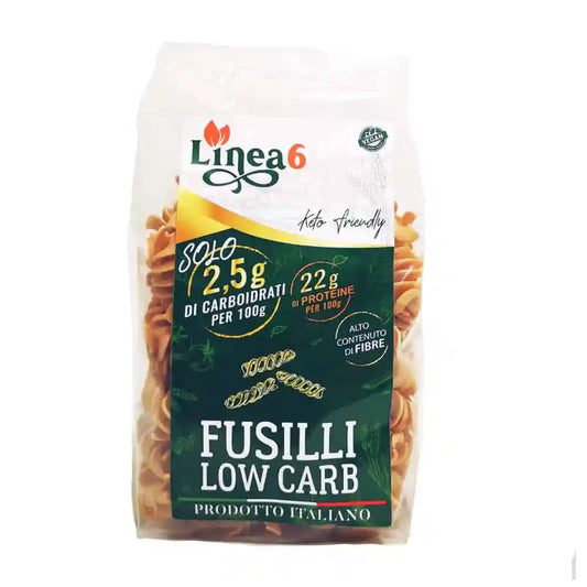 Fusilli keto, sabor italiano tradicional, alto en proteína y sólo 2,5 carbos cada 100gr. Linea 6