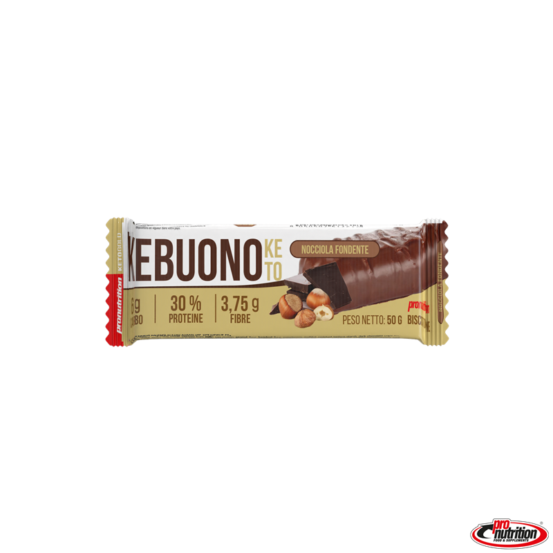 Kebuono keto relleno de crema de chocolate negro  y avellanas. 50gr. Pronutrition