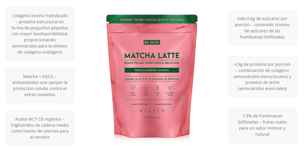 Matcha Latte sabor frambuesa: Energía Keto & Elixir de Juventud. 250g. Be keto