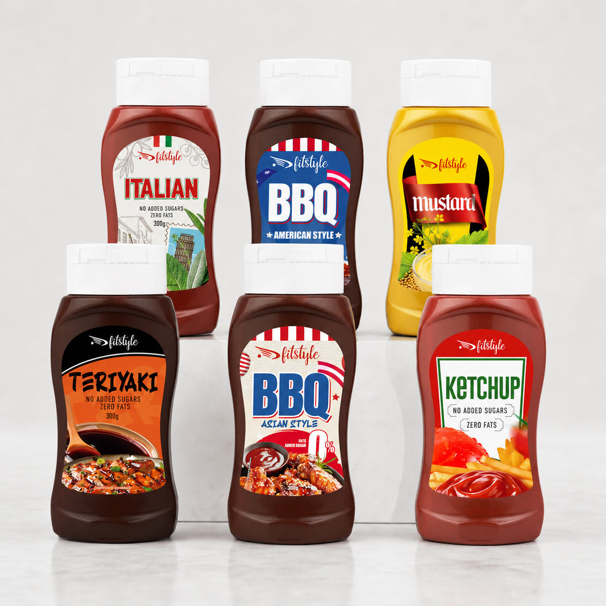 Pack de 6 salsas keto 0% de Fitstyle: ketchup, barbacoa, mayonesa, mostaza, teriyaki e italiana