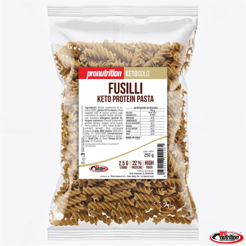 Pasta proteica y keto. Fusilli. 250 gr. Pronutrition